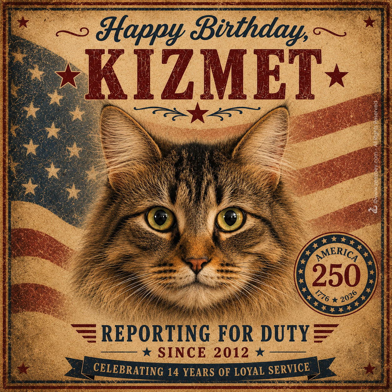 Happy 14th Birthday Kizmet celebrating America's 250th birthday