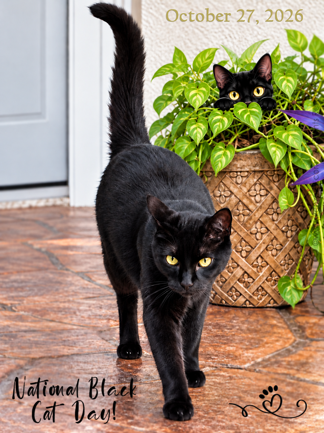 A sleek black cat - Shadow - with bright yellow eyes walks toward the camera on a stone patio, while a second black cat peeks out from behind a potted green plant. Text reads "October 27, 2026" at the top and "National Black Cat Day!" at the bottom.