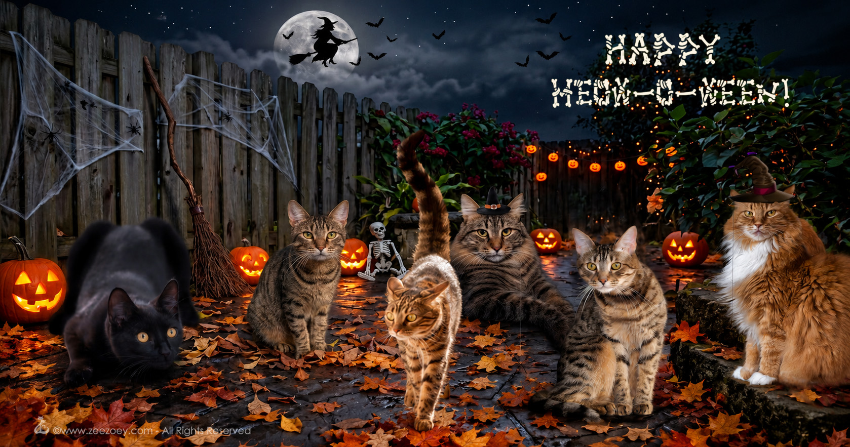 Festive Halloween night garden scene featuring a full moon, a witch on a broomstick flying against a full moon, glowing jack-o'-lanterns, autumn leaves, and several cats including black cat Shadow, tabby Peanut, Tabby Mia, Tabby Rolz, long hair tabby Kizmet, and orange cat Jazmine in a witch hat, gathered outdoors. The caption reads "Happy Meow-O-Ween" in a bone font